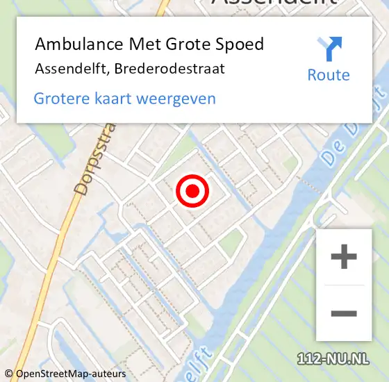 Locatie op kaart van de 112 melding: Ambulance Met Grote Spoed Naar Assendelft, Brederodestraat op 15 juli 2023 09:25