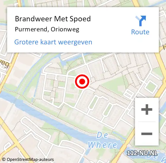 Locatie op kaart van de 112 melding: Brandweer Met Spoed Naar Purmerend, Orionweg op 15 juli 2023 10:09