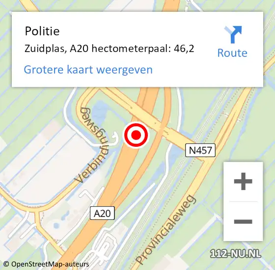 Locatie op kaart van de 112 melding: Politie Zuidplas, A20 hectometerpaal: 46,2 op 15 juli 2023 11:03