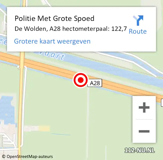 Locatie op kaart van de 112 melding: Politie Met Grote Spoed Naar De Wolden, A28 hectometerpaal: 122,7 op 15 juli 2023 13:33