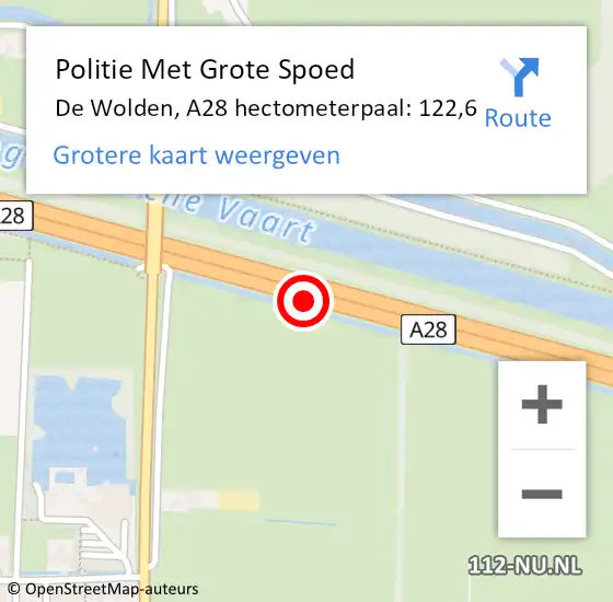 Locatie op kaart van de 112 melding: Politie Met Grote Spoed Naar De Wolden, A28 hectometerpaal: 122,6 op 15 juli 2023 13:33