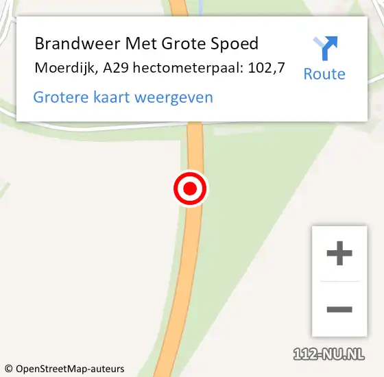 Locatie op kaart van de 112 melding: Brandweer Met Grote Spoed Naar Moerdijk, A29 hectometerpaal: 102,7 op 15 juli 2023 13:48