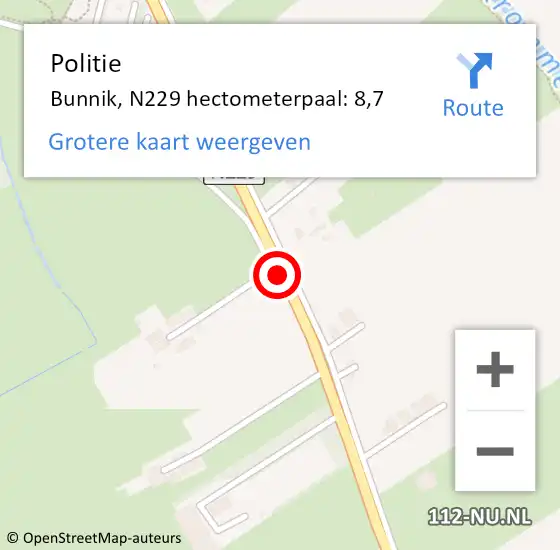 Locatie op kaart van de 112 melding: Politie Bunnik, N229 hectometerpaal: 8,7 op 15 juli 2023 13:54