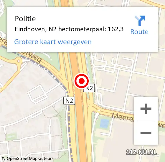 Locatie op kaart van de 112 melding: Politie Eindhoven, N2 hectometerpaal: 162,3 op 15 juli 2023 14:24