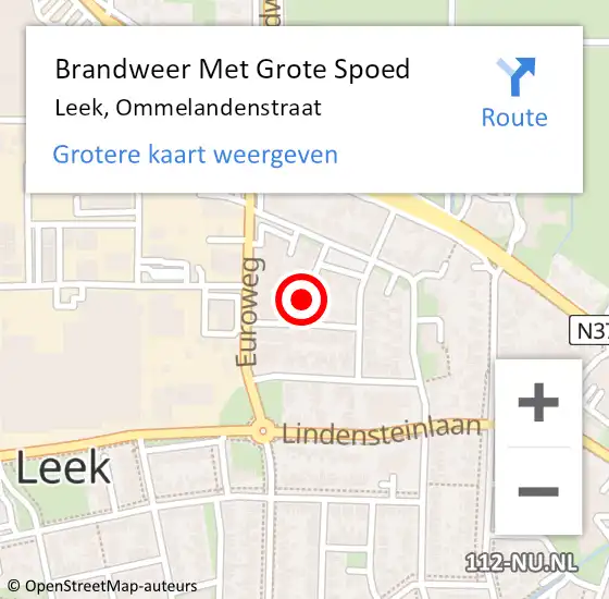 Locatie op kaart van de 112 melding: Brandweer Met Grote Spoed Naar Leek, Ommelandenstraat op 15 juli 2023 16:09