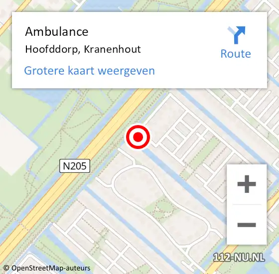 Locatie op kaart van de 112 melding: Ambulance Hoofddorp, Kranenhout op 15 juli 2023 16:52