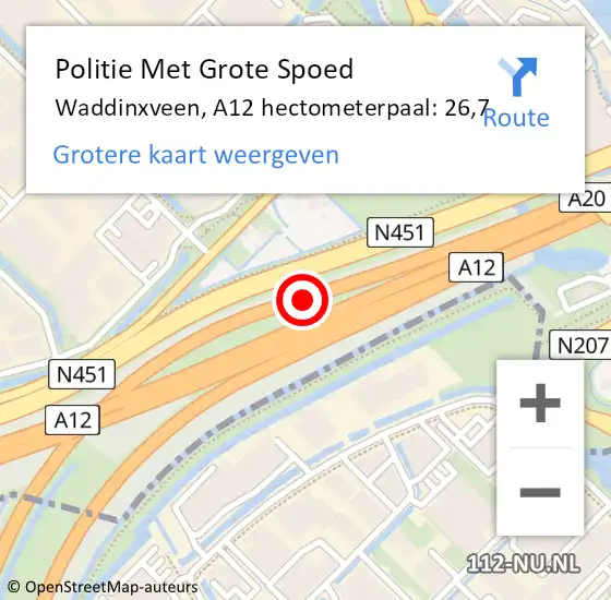 Locatie op kaart van de 112 melding: Politie Met Grote Spoed Naar Waddinxveen, A12 hectometerpaal: 26,7 op 15 juli 2023 17:30