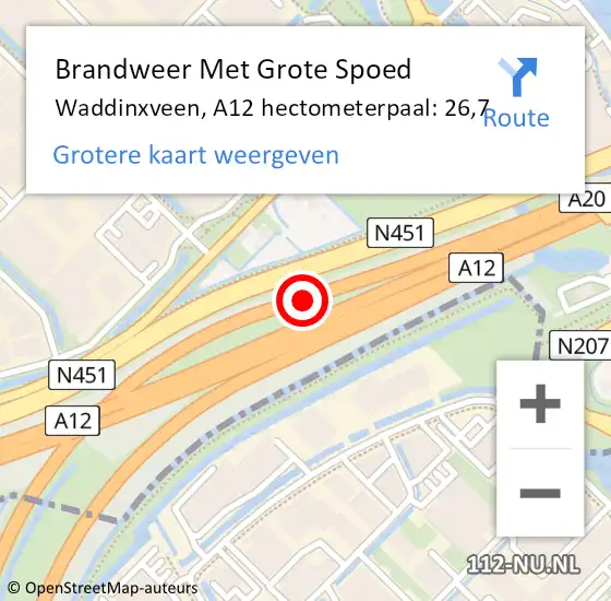 Locatie op kaart van de 112 melding: Brandweer Met Grote Spoed Naar Waddinxveen, A12 hectometerpaal: 26,7 op 15 juli 2023 17:30