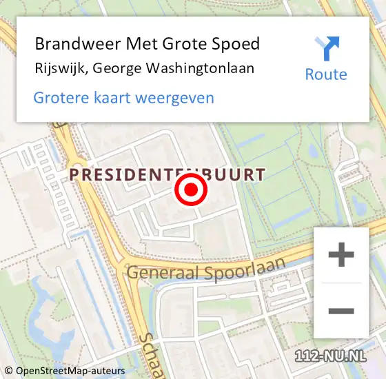 Locatie op kaart van de 112 melding: Brandweer Met Grote Spoed Naar Rijswijk, George Washingtonlaan op 15 juli 2023 17:43