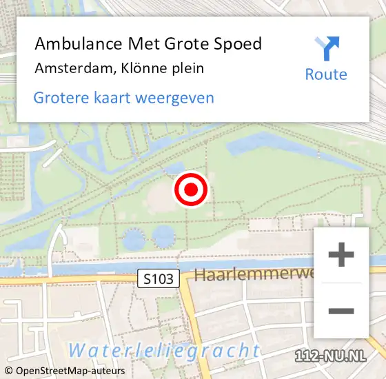 Locatie op kaart van de 112 melding: Ambulance Met Grote Spoed Naar Amsterdam, Klönne plein op 15 juli 2023 18:08
