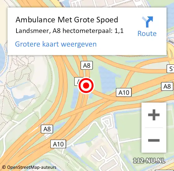 Locatie op kaart van de 112 melding: Ambulance Met Grote Spoed Naar Landsmeer, A8 hectometerpaal: 1,1 op 15 juli 2023 18:57