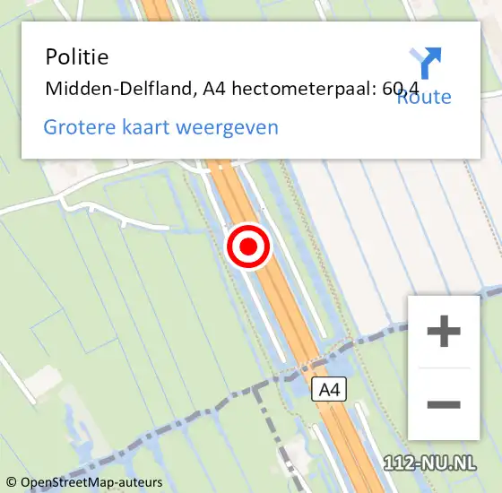 Locatie op kaart van de 112 melding: Politie Midden-Delfland, A4 hectometerpaal: 60,4 op 15 juli 2023 19:09