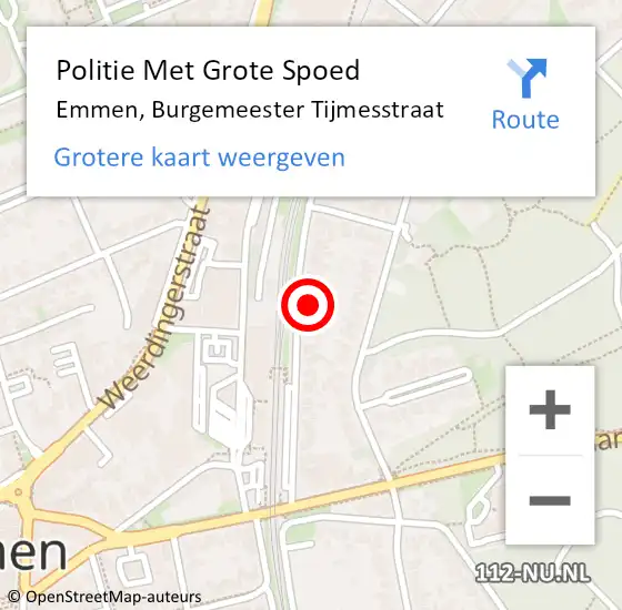 Locatie op kaart van de 112 melding: Politie Met Grote Spoed Naar Emmen, Burgemeester Tijmesstraat op 15 juli 2023 19:27