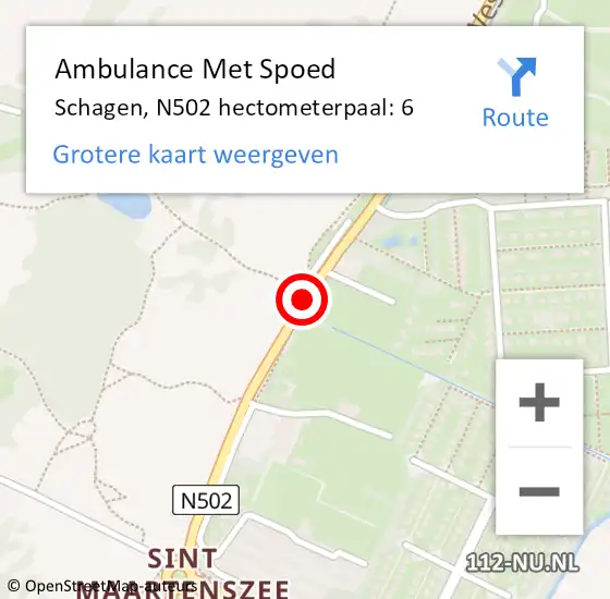 Locatie op kaart van de 112 melding: Ambulance Met Spoed Naar Schagen, N502 hectometerpaal: 6 op 15 juli 2023 19:37