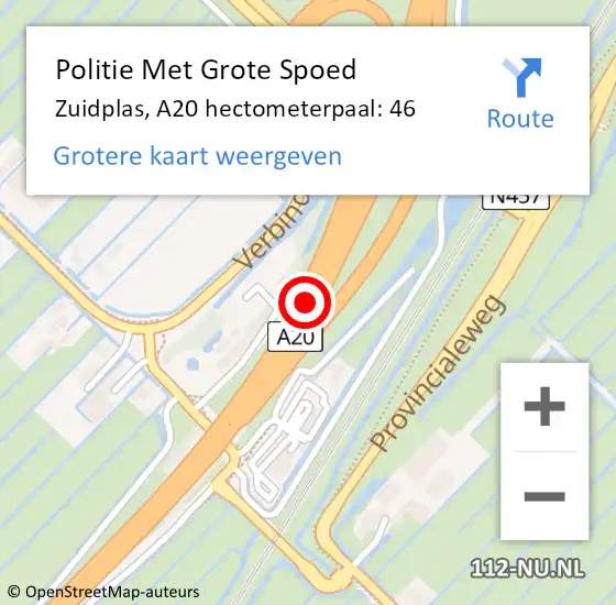 Locatie op kaart van de 112 melding: Politie Met Grote Spoed Naar Zuidplas, A20 hectometerpaal: 46 op 16 juli 2023 01:02