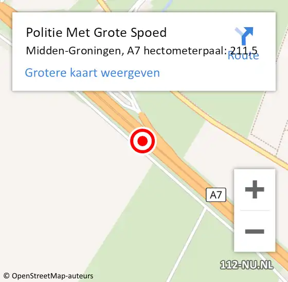 Locatie op kaart van de 112 melding: Politie Met Grote Spoed Naar Midden-Groningen, A7 hectometerpaal: 211,5 op 16 juli 2023 01:10