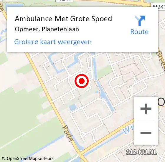 Locatie op kaart van de 112 melding: Ambulance Met Grote Spoed Naar Opmeer, Planetenlaan op 16 juli 2023 03:41
