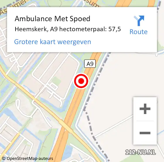 Locatie op kaart van de 112 melding: Ambulance Met Spoed Naar Heemskerk, A9 hectometerpaal: 57,5 op 16 juli 2023 06:55