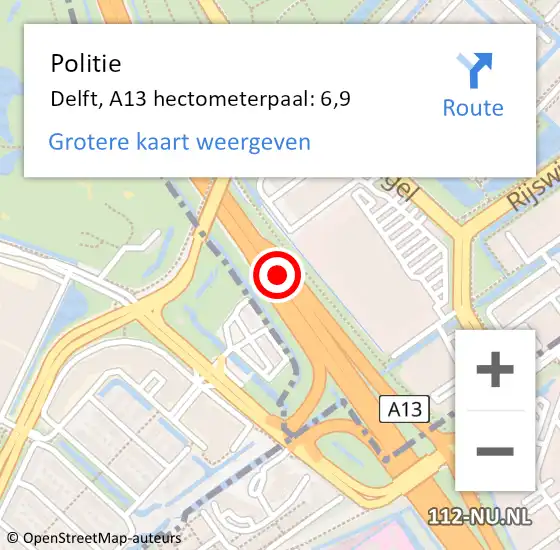 Locatie op kaart van de 112 melding: Politie Delft, A13 hectometerpaal: 6,9 op 16 juli 2023 08:58