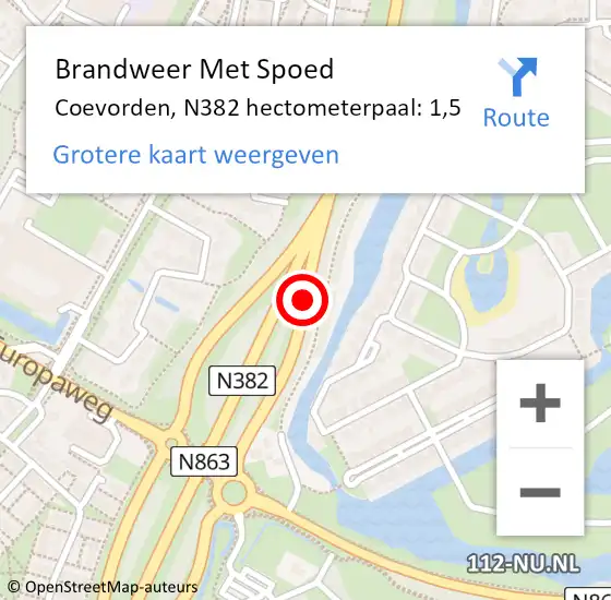 Locatie op kaart van de 112 melding: Brandweer Met Spoed Naar Coevorden, N382 hectometerpaal: 1,5 op 16 juli 2023 10:38