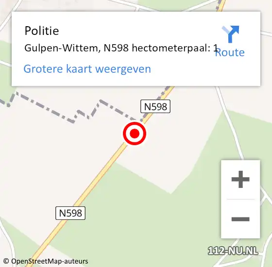 Locatie op kaart van de 112 melding: Politie Gulpen-Wittem, N598 hectometerpaal: 1 op 16 juli 2023 11:09