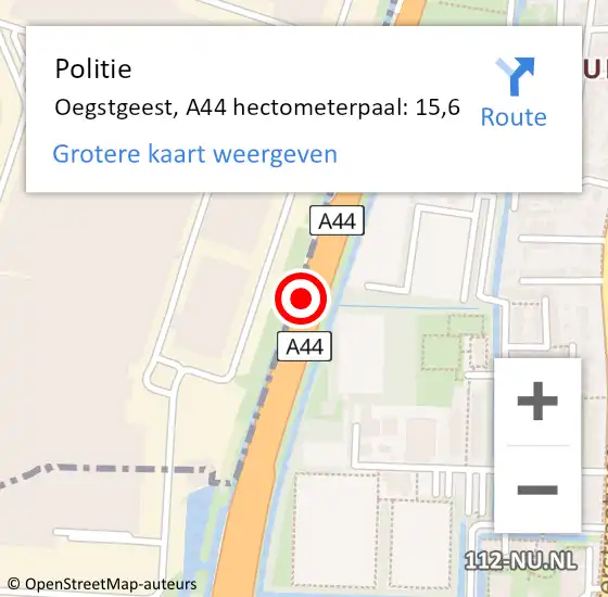 Locatie op kaart van de 112 melding: Politie Oegstgeest, A44 hectometerpaal: 15,6 op 16 juli 2023 12:13