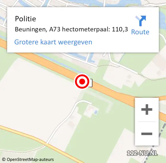 Locatie op kaart van de 112 melding: Politie Beuningen, A73 hectometerpaal: 110,3 op 16 juli 2023 13:04