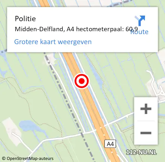Locatie op kaart van de 112 melding: Politie Midden-Delfland, A4 hectometerpaal: 60,9 op 16 juli 2023 13:04