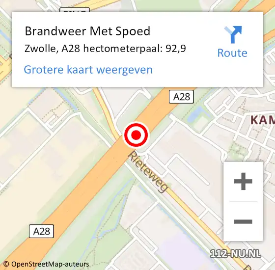 Locatie op kaart van de 112 melding: Brandweer Met Spoed Naar Zwolle, A28 hectometerpaal: 92,9 op 16 juli 2023 13:33