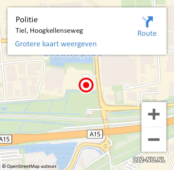 Locatie op kaart van de 112 melding: Politie Tiel, Hoogkellenseweg op 16 juli 2023 14:19