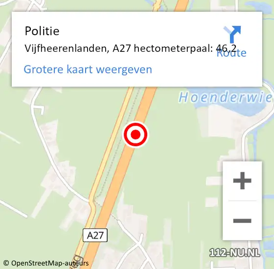 Locatie op kaart van de 112 melding: Politie Vijfheerenlanden, A27 hectometerpaal: 46,2 op 16 juli 2023 15:15