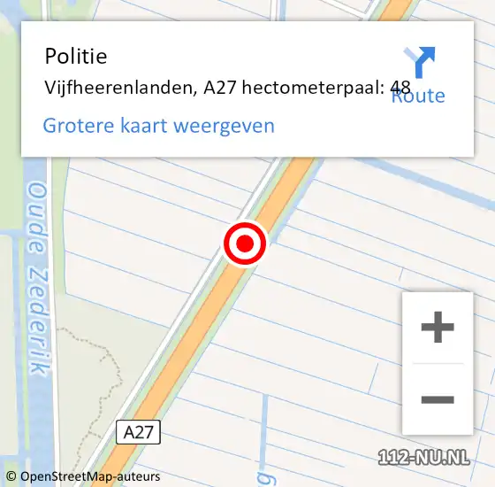 Locatie op kaart van de 112 melding: Politie Vijfheerenlanden, A27 hectometerpaal: 48 op 16 juli 2023 15:18