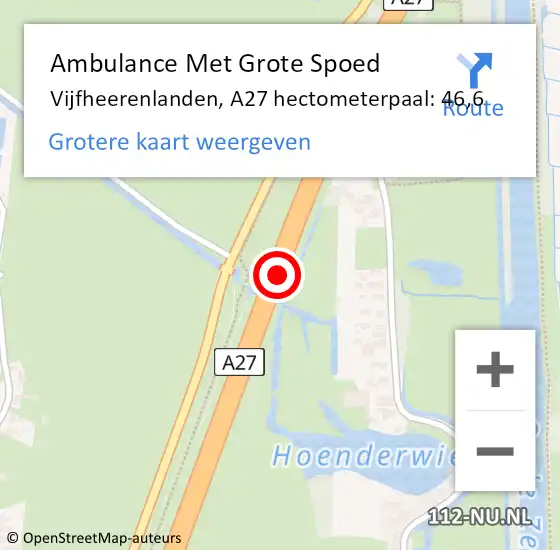 Locatie op kaart van de 112 melding: Ambulance Met Grote Spoed Naar Vijfheerenlanden, A27 hectometerpaal: 46,6 op 16 juli 2023 15:19