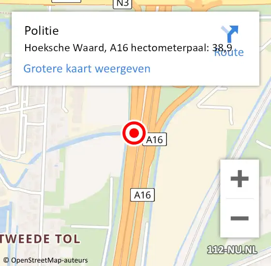 Locatie op kaart van de 112 melding: Politie Hoeksche Waard, A16 hectometerpaal: 38,9 op 16 juli 2023 15:50