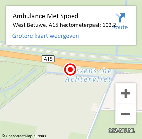 Locatie op kaart van de 112 melding: Ambulance Met Spoed Naar West Betuwe, A15 hectometerpaal: 102,2 op 16 juli 2023 16:07