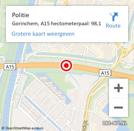 Locatie op kaart van de 112 melding: Politie Gorinchem, A15 hectometerpaal: 98,1 op 16 juli 2023 17:31