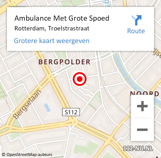 Locatie op kaart van de 112 melding: Ambulance Met Grote Spoed Naar Rotterdam, Troelstrastraat op 16 juli 2023 17:51