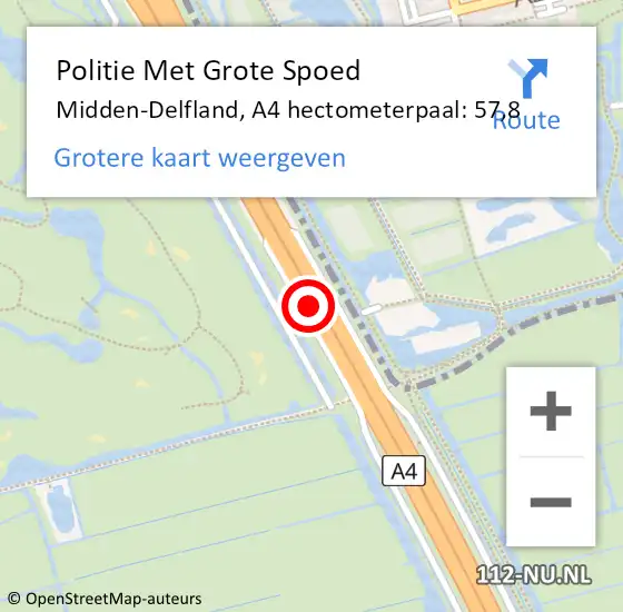 Locatie op kaart van de 112 melding: Politie Met Grote Spoed Naar Midden-Delfland, A4 hectometerpaal: 57,8 op 16 juli 2023 18:16