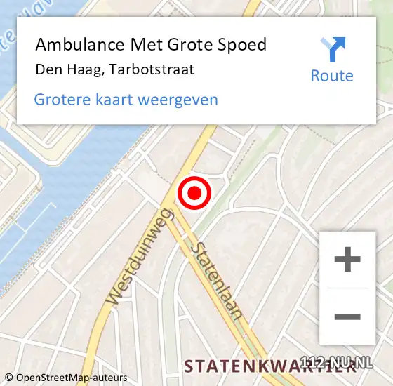 Locatie op kaart van de 112 melding: Ambulance Met Grote Spoed Naar Den Haag, Tarbotstraat op 16 juli 2023 19:03