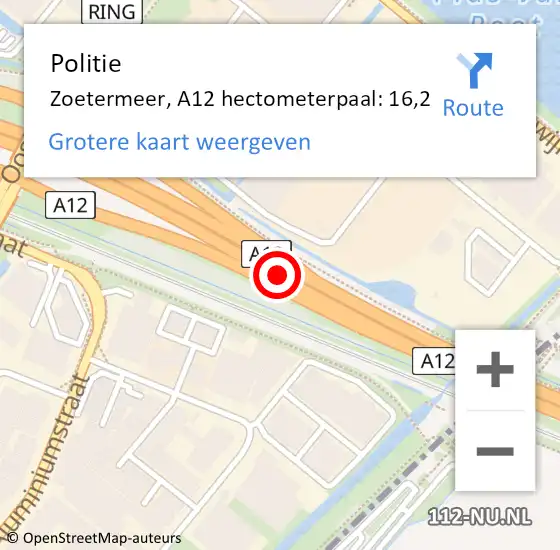 Locatie op kaart van de 112 melding: Politie Zoetermeer, A12 hectometerpaal: 16,2 op 16 juli 2023 19:11