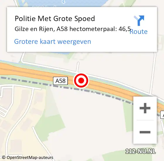 Locatie op kaart van de 112 melding: Politie Met Grote Spoed Naar Gilze en Rijen, A58 hectometerpaal: 46,5 op 17 juli 2023 07:56