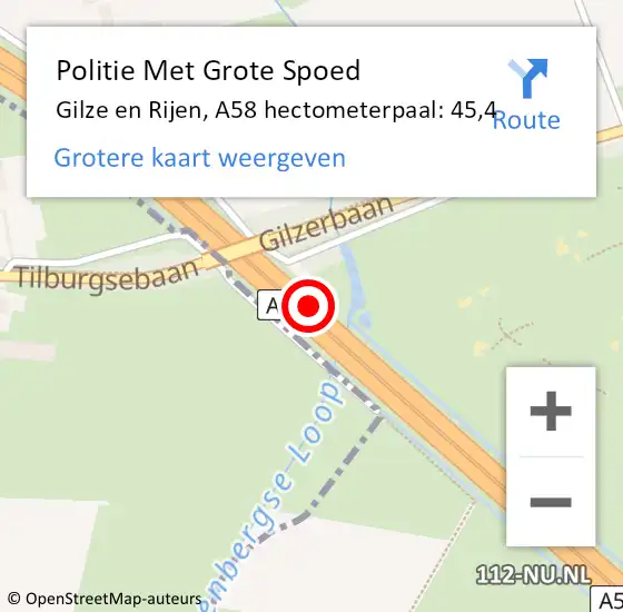 Locatie op kaart van de 112 melding: Politie Met Grote Spoed Naar Gilze en Rijen, A58 hectometerpaal: 45,4 op 17 juli 2023 08:01