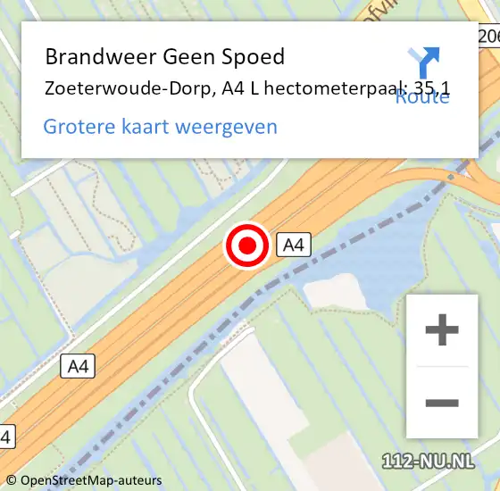 Locatie op kaart van de 112 melding: Brandweer Geen Spoed Naar Zoeterwoude-Dorp, A4 L hectometerpaal: 34,9 op 1 september 2014 21:46