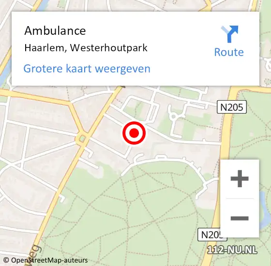 Locatie op kaart van de 112 melding: Ambulance Haarlem, Westerhoutpark op 17 juli 2023 09:05