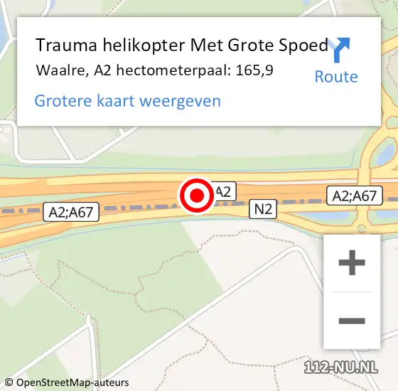 Locatie op kaart van de 112 melding: Trauma helikopter Met Grote Spoed Naar Waalre, A2 hectometerpaal: 165,9 op 17 juli 2023 10:41