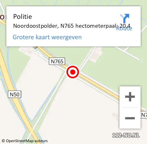 Locatie op kaart van de 112 melding: Politie Noordoostpolder, N765 hectometerpaal: 20,4 op 17 juli 2023 10:42