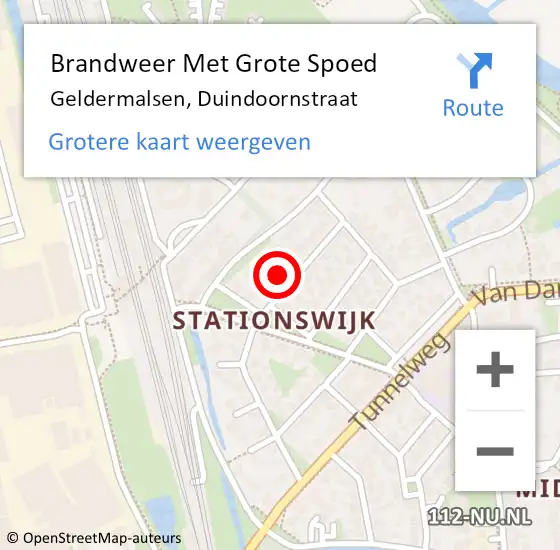 Locatie op kaart van de 112 melding: Brandweer Met Grote Spoed Naar Geldermalsen, Duindoornstraat op 17 juli 2023 11:55