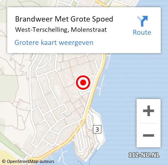 Locatie op kaart van de 112 melding: Brandweer Met Grote Spoed Naar West-Terschelling, Molenstraat op 17 juli 2023 12:24