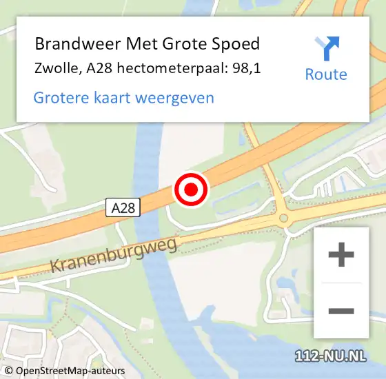 Locatie op kaart van de 112 melding: Brandweer Met Grote Spoed Naar Zwolle, A28 hectometerpaal: 98,1 op 17 juli 2023 14:46