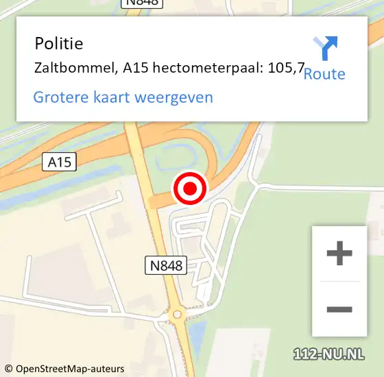 Locatie op kaart van de 112 melding: Politie Zaltbommel, A15 hectometerpaal: 105,7 op 17 juli 2023 14:58